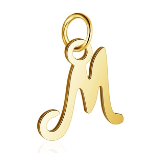 Close-up of a polished gold letter M pendant crafted from durable stainless steel