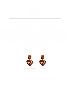 Detailed spec sheet of amber acrylic heart earrings with silver pins and size data