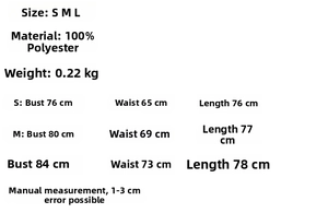 Size chart for plaid dress with V-neck showing measurements for S, M, and L sizes