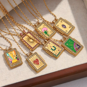 Collection of 18K gold plated stainless steel square necklaces with enamel tarot charms