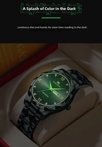 Detail of emerald green dial with luminous markers and day-date display on steel watch