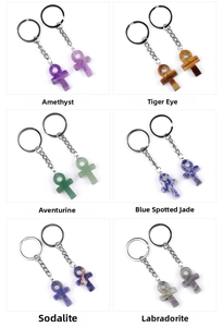 Detailed grid of six Ankh cross keychains in Amethyst, Tiger Eye, and natural gemstones
