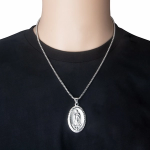 Oval Virgin Mary pendant necklace in silver stainless steel with box chain for women and men