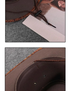 Detail of western cowboy hat showing straw texture, wind rope and metal eyelet