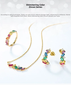Close-up of S925 silver 10K gold plated jewelry set with rainbow cubic zirconia stones