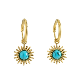 18K gold plated stainless steel sunburst earrings with blue turquoise stone inlays