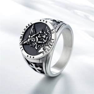 Vintage St. Michael titanium steel shield ring with angel wings and cross relief design