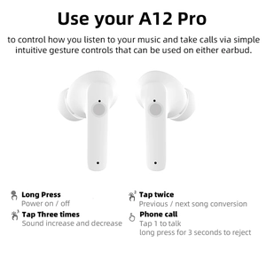 White A12 Pro wireless Bluetooth 5.2 earbuds with smart touch control and heavy bass