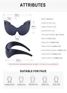 Detailed dimension guide and PC material specifications for oversized sports sunglasses