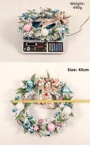 Detail showing 45cm flocked PVC Christmas wreath weight and size measurement