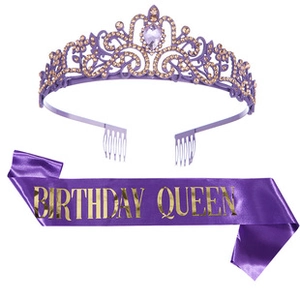 Detailed view of Birthday Queen purple sash and golden rhinestone tiara set