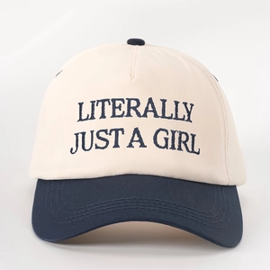 Two-tone baseball cap in cream and navy blue with Literally Just A Girl embroidery
