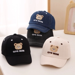 Kids Baseball Cap Cotton Denim Breathable Sun Protection Cute Bear Embroidery Adjustable For Toddler Boys Girls