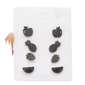 Set of 4 pairs of black stainless steel fruit stud earrings featuring apple and strawberry