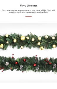 Close-up of Christmas garland with golden ornaments and red berries with pine cones