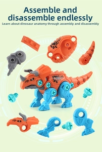 Macro view of modular DIY dinosaur building blocks showing orange and blue assembly parts