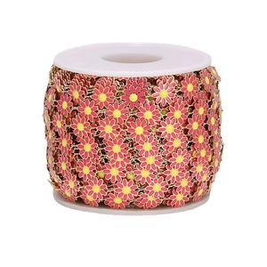 10mm colorful daisy flower chain in stainless steel with pink and yellow enamel details