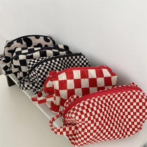 Nordic style velvet makeup bags with checkerboard and cow patterns and zipper straps