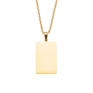 Detail shot of the golden rectangular mirror-finish stainless steel pendant on a cable chain