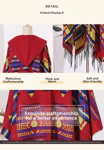 Detail of red geometric jacquard hooded cloak with long black tassels and ethnic patterns