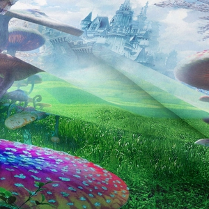 Macro detail of polyester tapestry showing fantasy mushroom and castle print texture