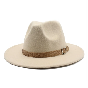 Detailed view of khaki felt fedora hat featuring woven leather band and silver buckle