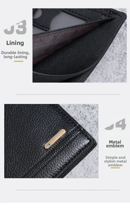 Detail of litchi grain black leather wallet with golden metal logo and durable lining