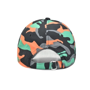 Detail of adjustable silver metal buckle and camouflage pattern on back of baseball cap
