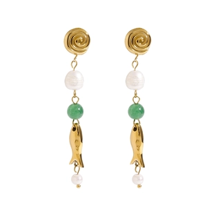 Gold Plated Stainless Steel Fish Drop Earrings With Freshwater Pearl And Green Agate Bead Spiral Design Elegant For Women