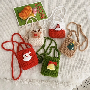 Kids Knitted Crossbody Bag Handmade Woolen Yarn Christmas Cartoon Character Elk Santa Cute Shoulder Pouch Toddler Girls