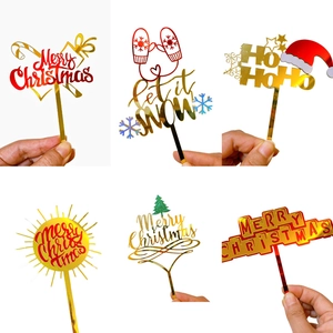 Christmas Cake Toppers Acrylic Mirror Gold Glitter Festive Merry Christmas Holiday Party Baking Decoration