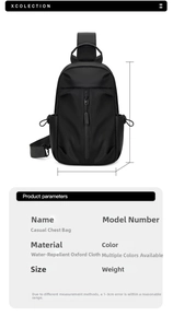 Detailed view of black water-resistant Oxford cloth chest bag with size dimensions