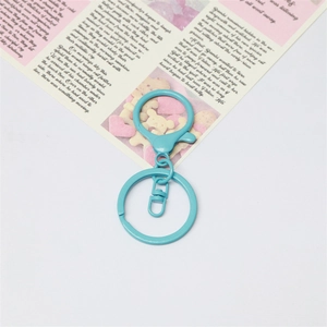 Macro detail of sky blue lacquered lobster clasp and metal key ring components
