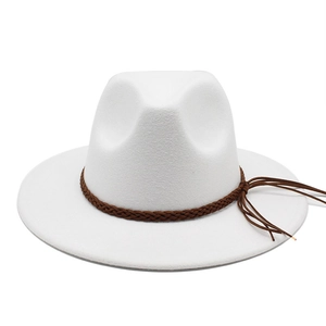 Top view of white wool fedora hat featuring a brown braided leather decorative band