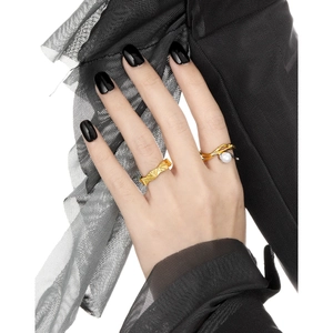 Irregular hollow S925 silver open ring with freshwater pearl and woven gold texture