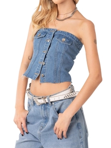 Corset en jean bustier moulant avec boutons et bords effilochés en délavage bleu