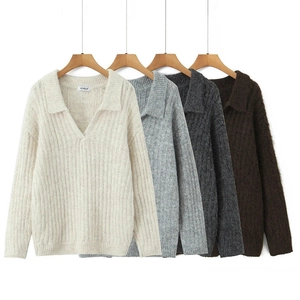 Women Casual Polo Collar V-Neck Knitted Sweater Slouchy Loose Long Sleeve Pullover Solid Color Ribbed Knit Jumper Fashion Tops