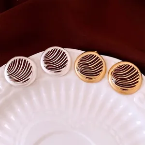 French Vintage Round Copper Earrings With 925 Sterling Silver Earring Post Enamel Radiating Texture Retro Elegant Jewelry