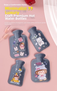 Collection of four cute cartoon plush hot water bottles with bear and rabbit illustrations