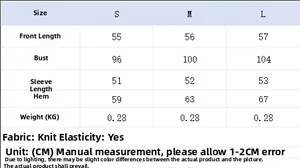 Size chart for women's knitted sweater with detailed bust and length measurements