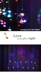 Detailed macro view of multicolor LED wishing ball curtain lights for festive room decoration