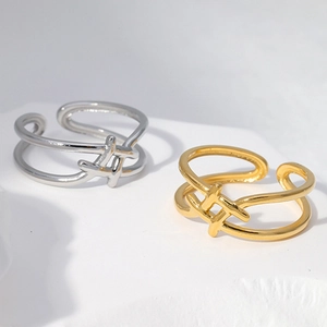 Double Layered Stainless Steel Open Ring Minimalist Geometric Adjustable Finger Ring For Women Fashion Jewelry Gold Silver