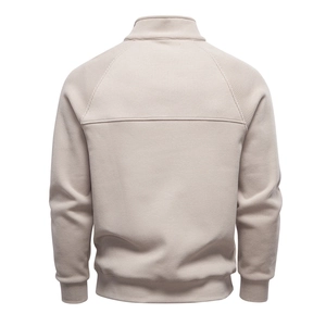Rear view of men's beige ribbed knit sweatshirt showing texture and standing collar detail