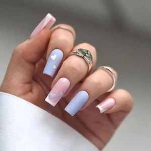 French Style Press-On Nails Blue White Heart Pattern Matte Texture Square Shape Sweet DIY Manicure For Women