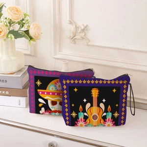 Day of the Dead canvas makeup bags with colorful Mexican skull and guitar print