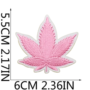Detailed pink maple leaf embroidery patch with 6cm x 5.5cm size dimensions on white background