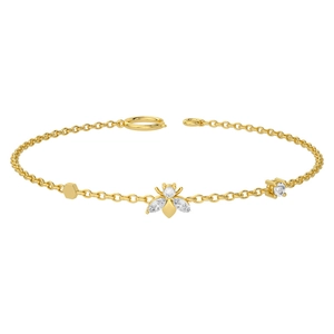 Macro detail of S925 silver bee bracelet with zircons and geometric hexagon pendant