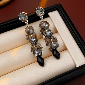 Detail of silver tassel earrings with dark grey crystals in a jewelry box