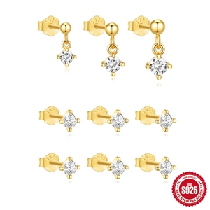 Gold Plated Stud Earrings With 925 Sterling Silver Earring Post Zirconia Four Prong Minimalist Jewelry For Women