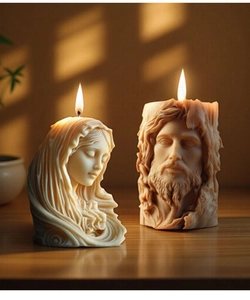 Macro detail of saint icon candle silicone mold with 3D religious relief texture
